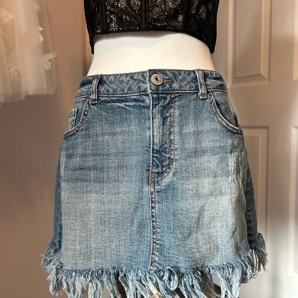 Light Blue Frayed Denim Mini Skirt